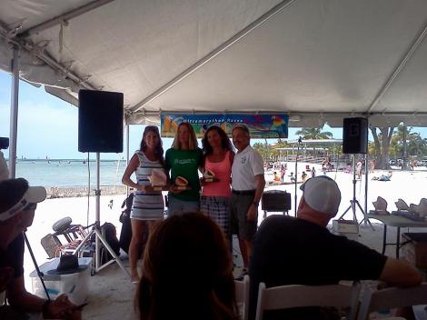 The Keys 100 awards ceremony. From left to right: Alyson Venti, 1st overall; Traci Falbo, 3rd overall; Katalin Nagy, 4th overall; race director Bob Bcker.